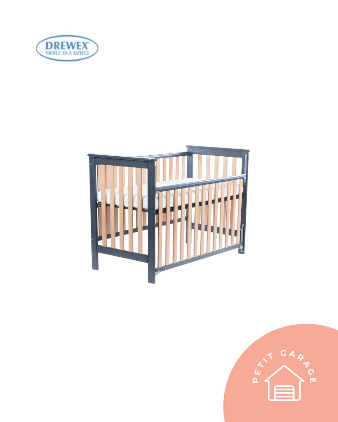 Cuna colecho modelo LEO, lateral ajustable, madera/gris. Marca Drewex (#PG5870)