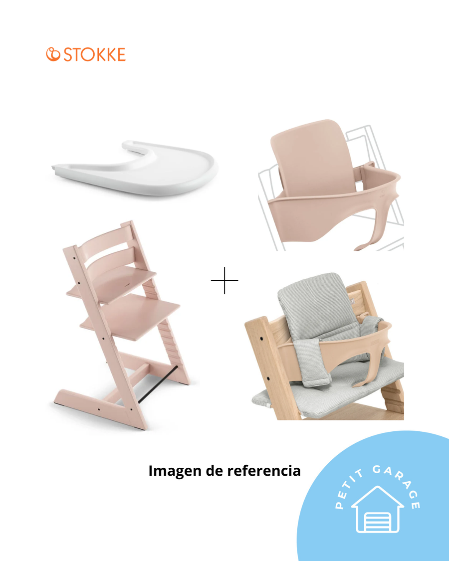 Silla Tripp Trapp modelo Serene Pink + Bandeja color blanco + Baby set color rosado + Cojín color azul. Marca Stokke (#PG5905)