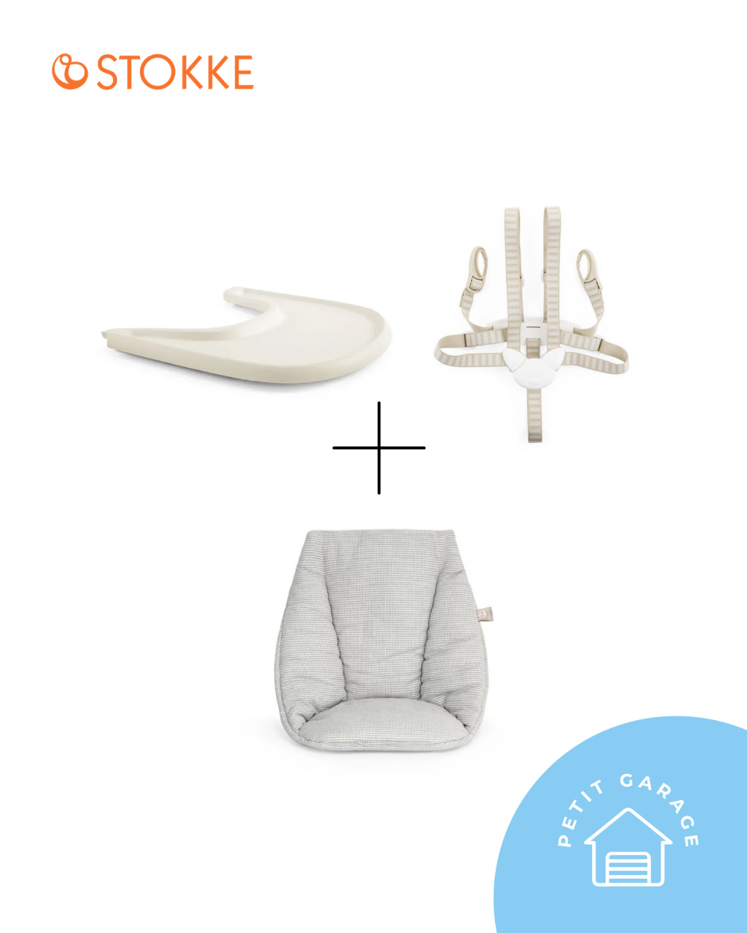 Bandeja, arnés v1 y cojín modelo baby para silla Tripp Trapp. Marca Stokke. (#PG5639)