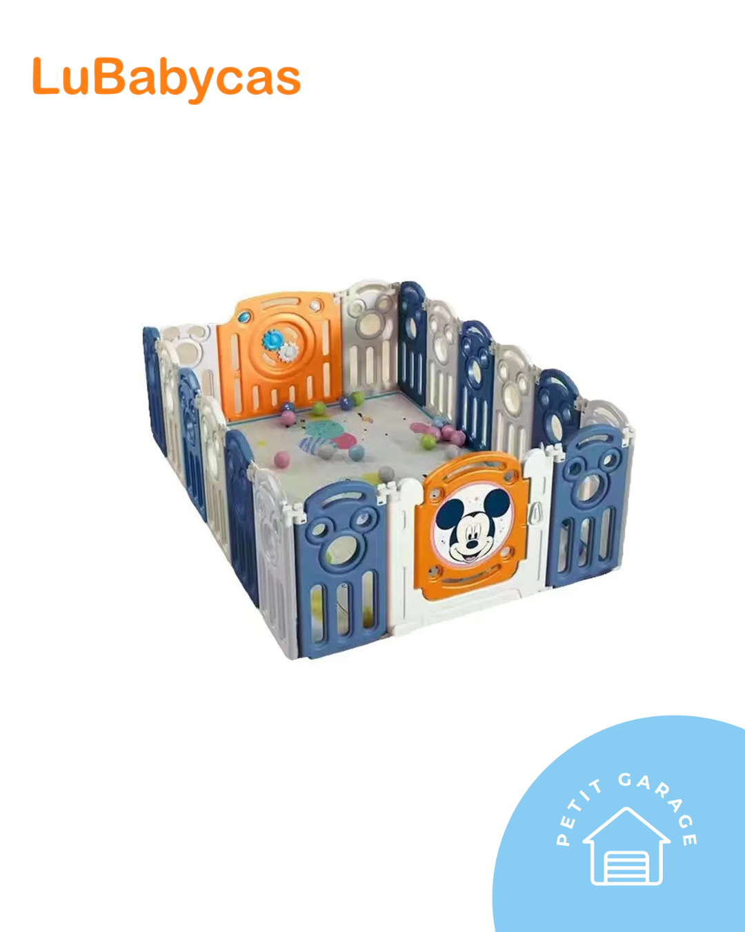 Corral bebé, modelo azul, blanco y naranja. Marca Lubabycas (#PG5692)