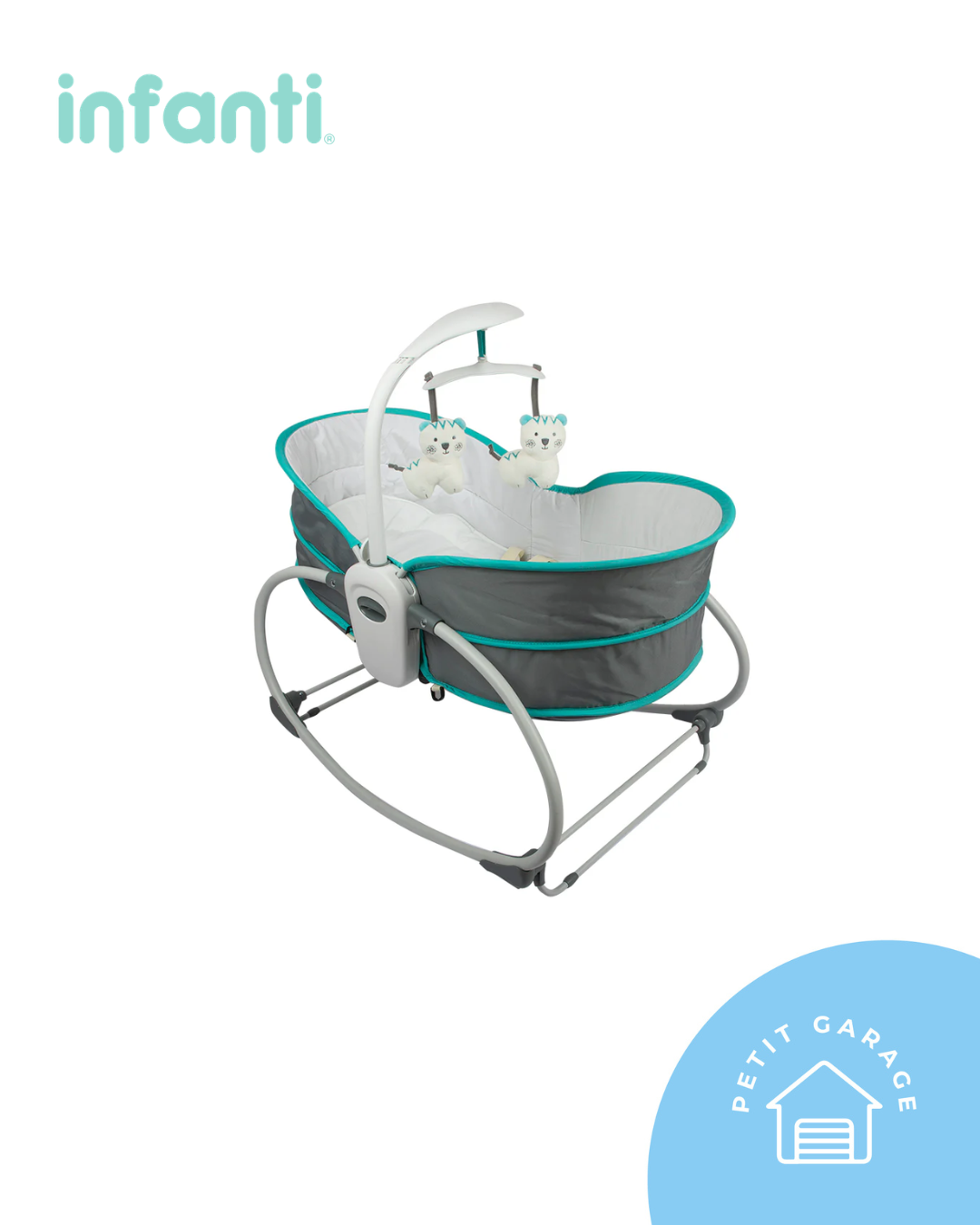 Silla nido mecedora 5 en 1, modelo gris y celeste. Marca Infanti (#PG5664)