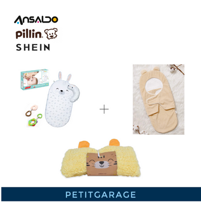 (#PG2621) Saquito de gato + Saquito de oso + Alfombra de conejo. Marca Pillin, Shein y Yahao Toys