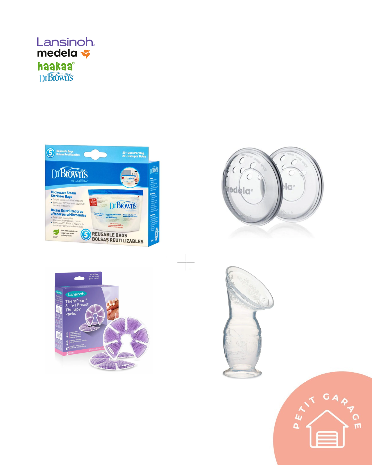 (#PG4239) Bolsas esterilizadoras + Amapolas protectoras + Pads de gel + Recolector de leche. Marca Dr Brown, Medela, Lansinoh y Haakaa