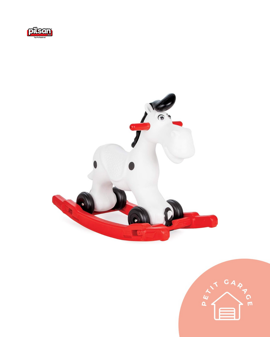 (#PG4682) Balancín modelo caballo color blanco con negro y rojo. Marca Pilsan
