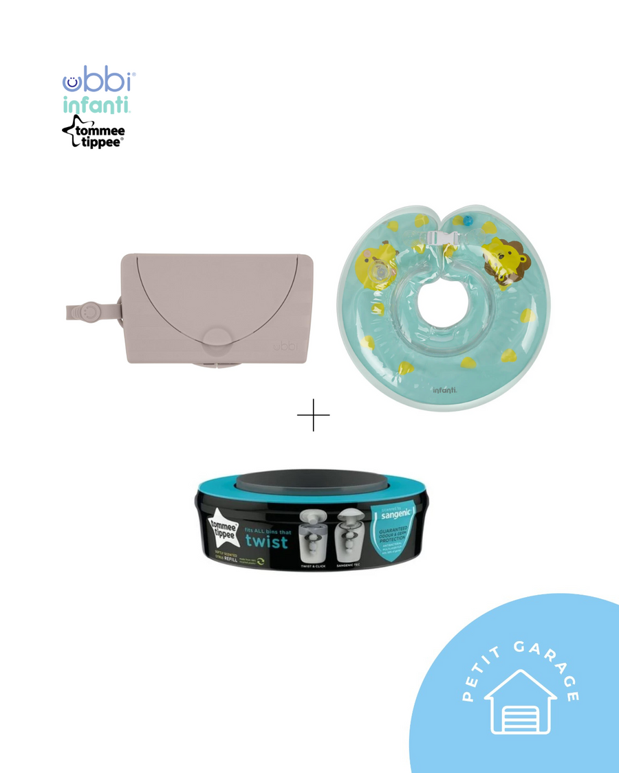 (#PG4259) Dispensador de toallitas + Flotador de cuello + Repuesto contenedor para pañales. Marca Ubbi, Infanti y Tommee Tippee.