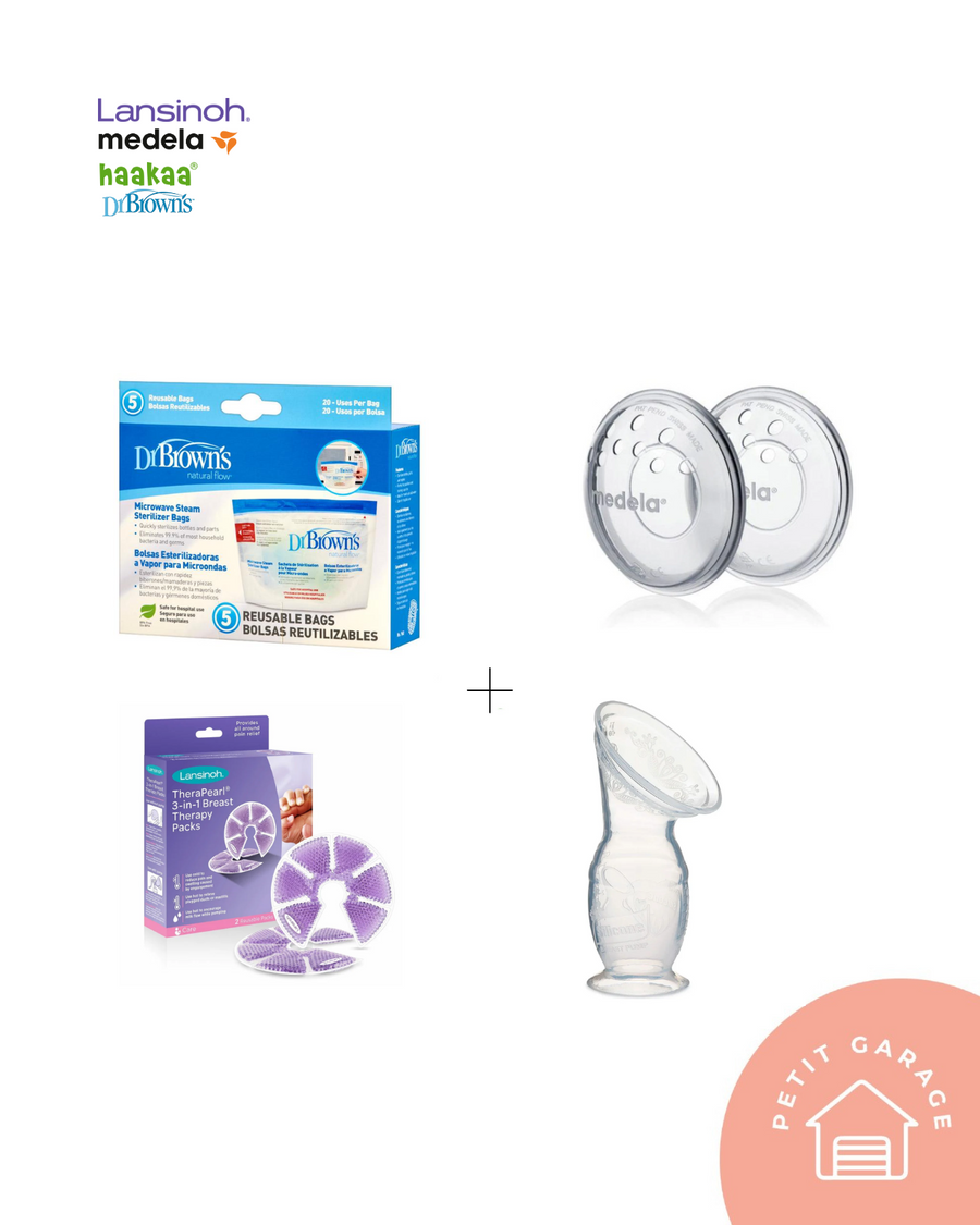 (#PG4239) Bolsas esterilizadoras + Amapolas protectoras + Pads de gel + Recolector de leche. Marca Dr Brown, Medela, Lansinoh y Haakaa