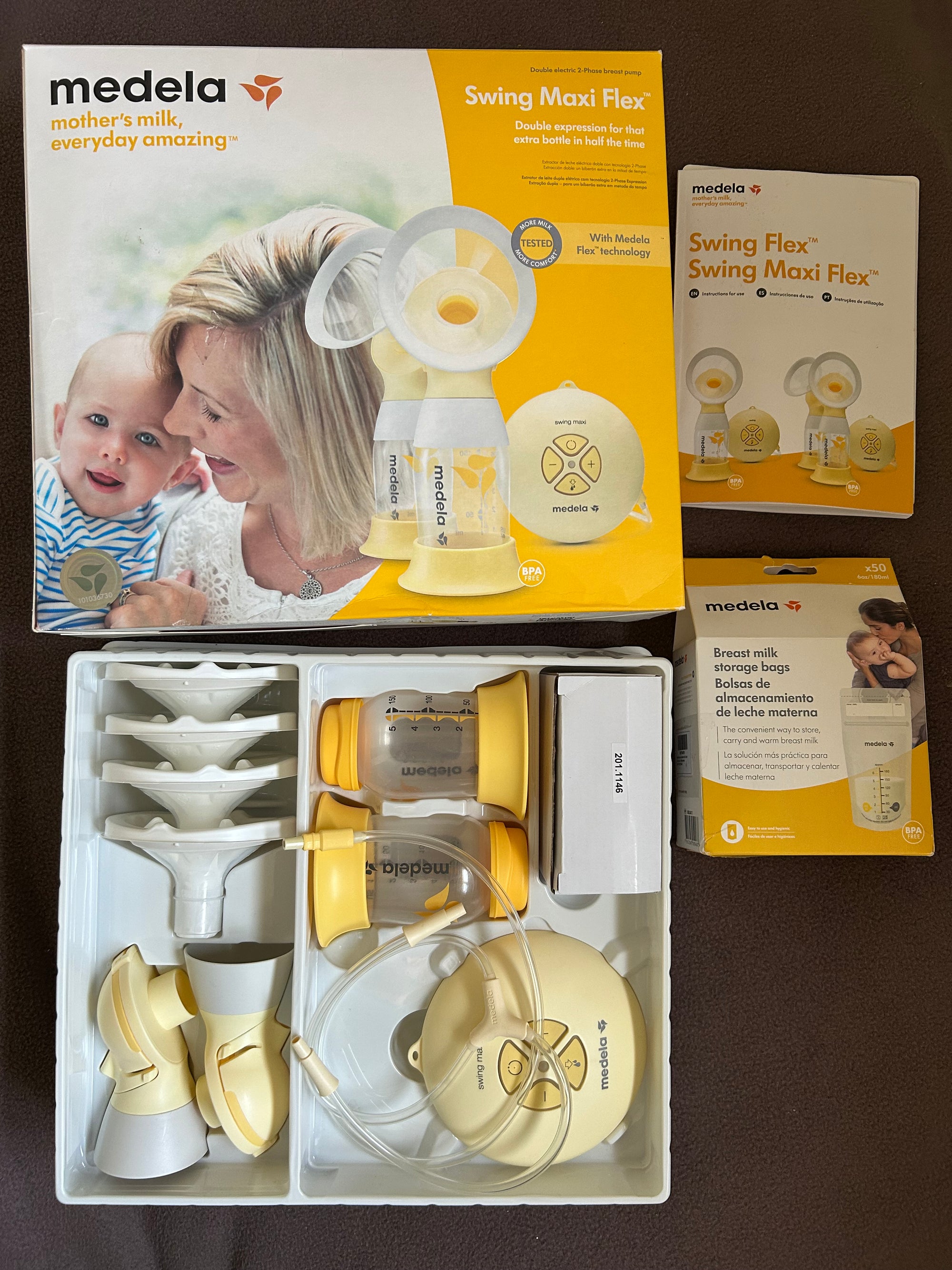 Extractor de leche Swing Maxi Flex + caja de 50 bolsas de almacenamiento. Marca Medela (#PG5682)