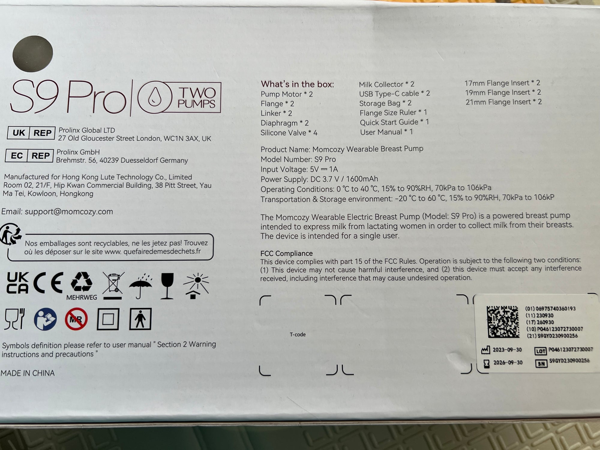 (#PG4543) Extractor de leche doble eléctrico modelo S9 Wearable Breast Pump + Bolsas recolectoras de leche. Marca MomCozy y Medela