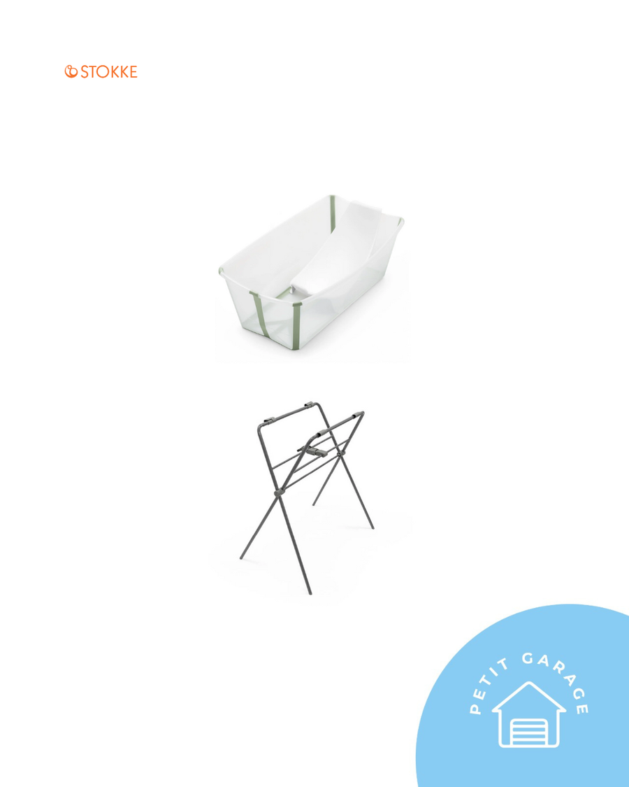 (#PG5466) Pack Tina Flexi Bath + Soporte RN + Patas color Transparent Green. Marca Stokke