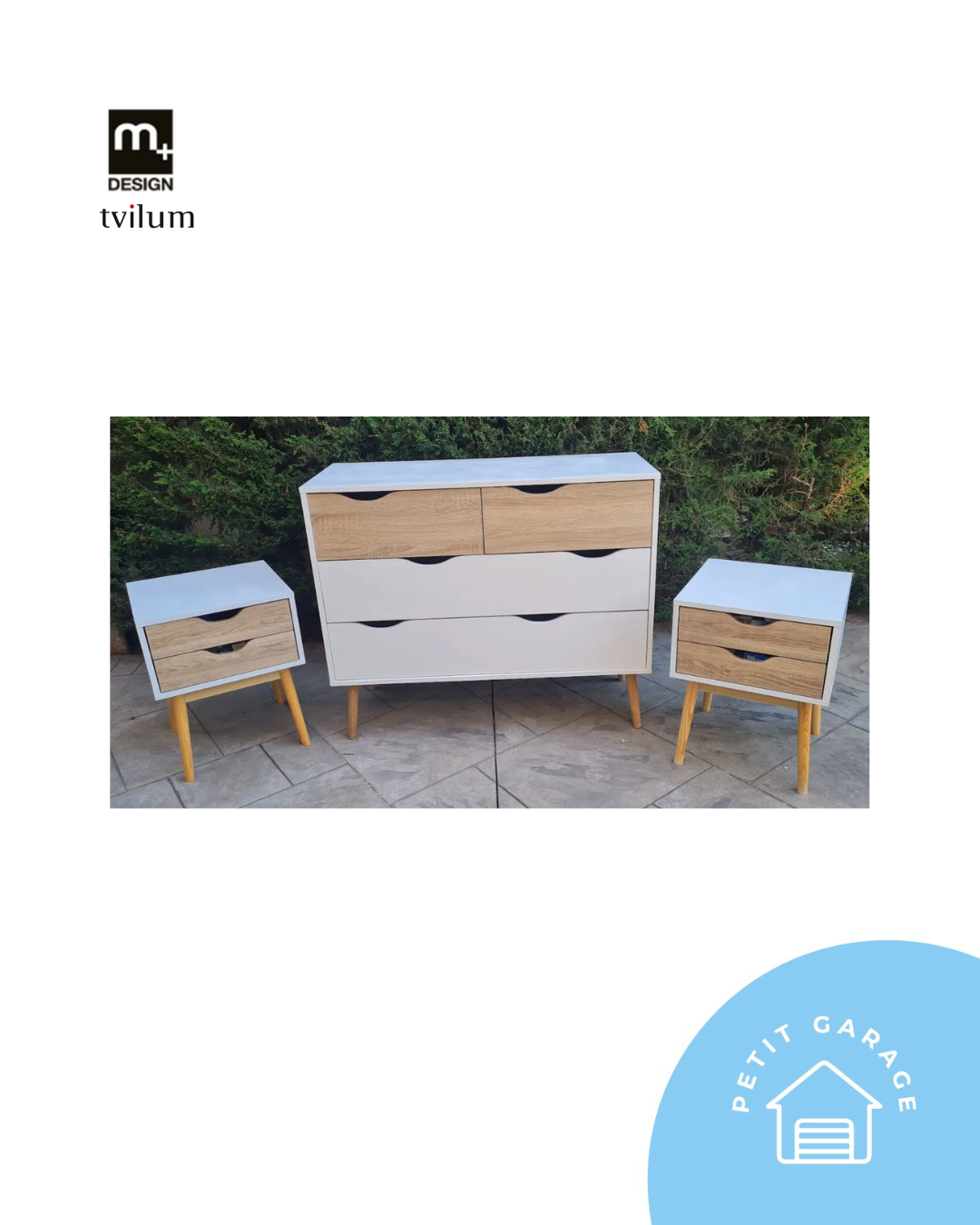 (#PG5137) Cómoda modelo Oslo de 4 cajones + Dos veladores de 2 cajones modelo Florencia. Marca M+Design y Tvilum