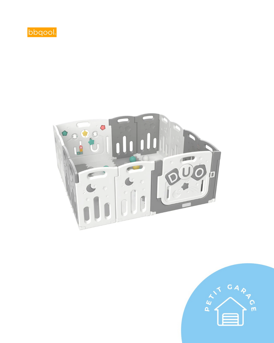 (#PG5234) Corral color gris y blanco modelo Duo + Alfombra + Pelotas. Marca Bbqool