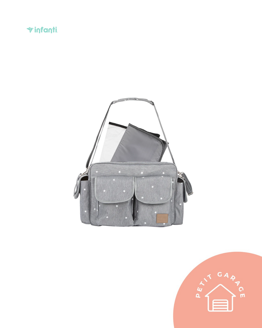(#PG5079) Bolso maternal con mudador modelo Sophie color gris con estrellas. Marca Infanti