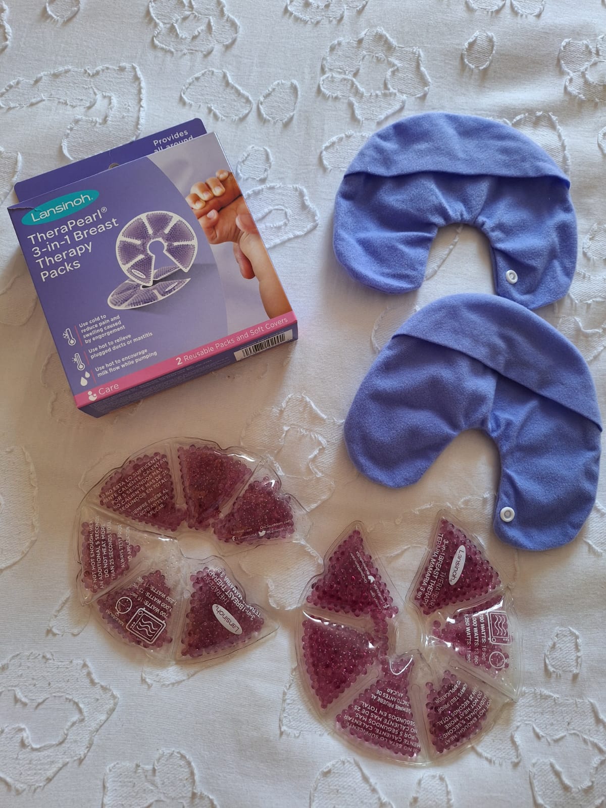 (#PG3473) Cojín de lactancia + Extractor portátil USB + Compresas calor/frío. Marca BabySpin, Lansinoh y Genérica