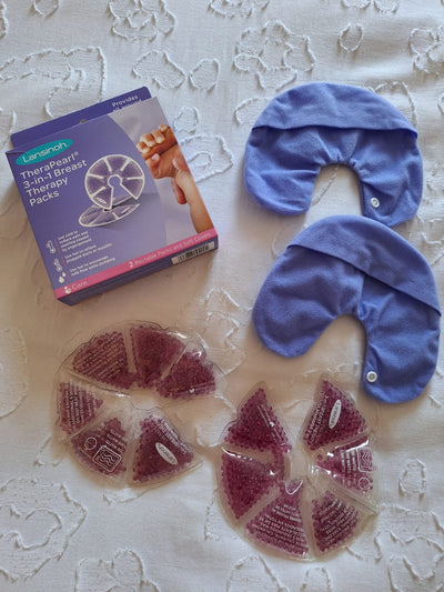 (#PG3473) Cojín de lactancia + Extractor portátil USB + Compresas calor/frío. Marca BabySpin, Lansinoh y Genérica