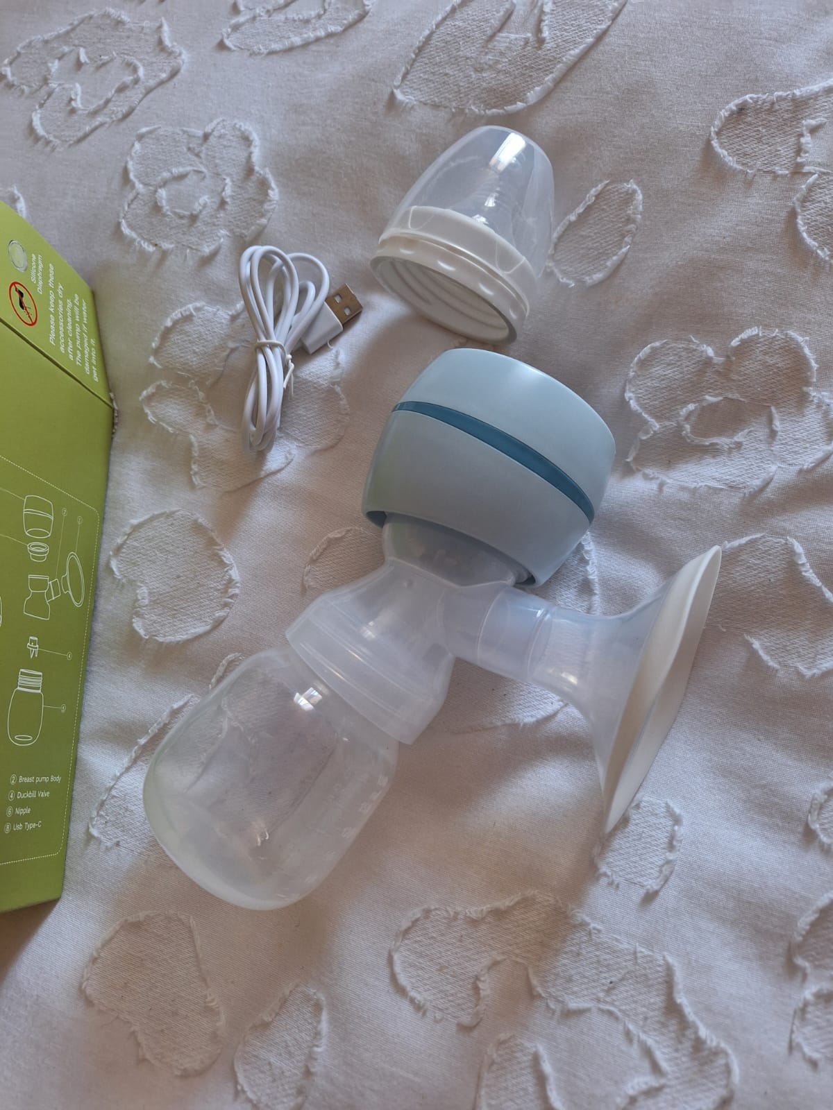 (#PG3473) Cojín de lactancia + Extractor portátil USB + Compresas calor/frío. Marca BabySpin, Lansinoh y Genérica
