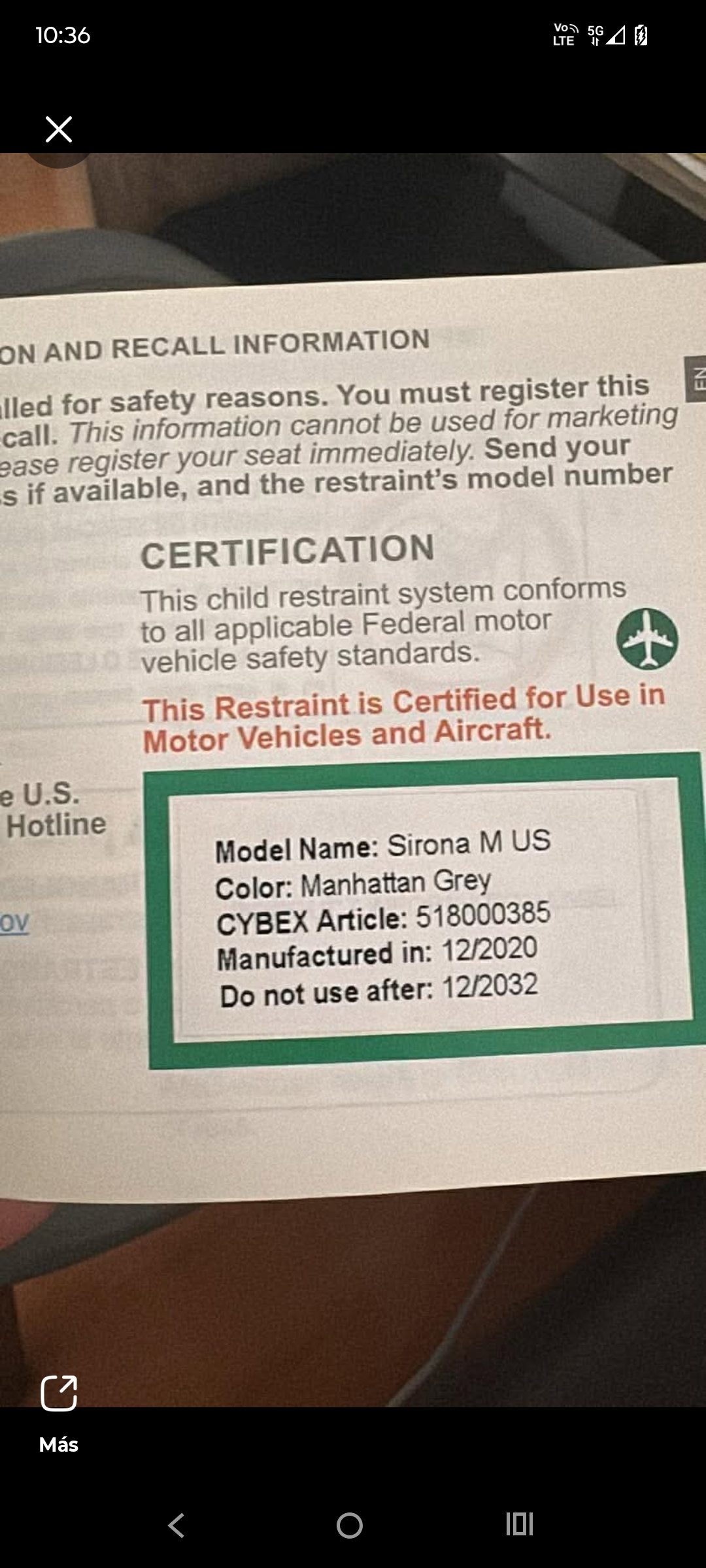 Silla de auto modelo Sirona M. Marca Cybex (#PG5860)